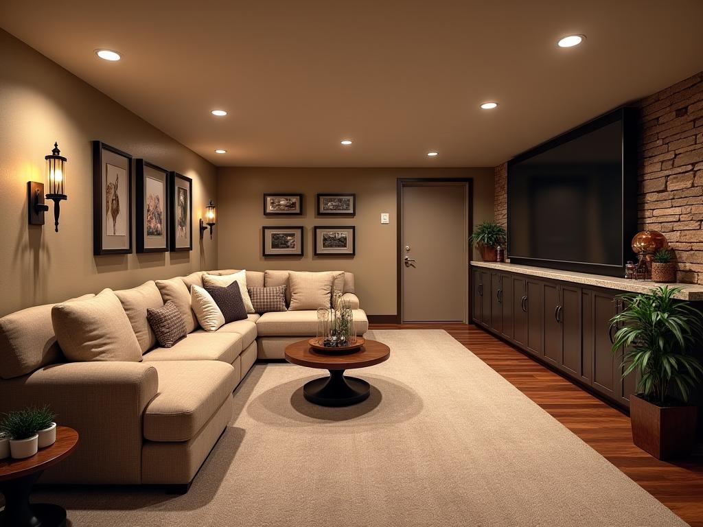 Finished basement with cozy seating area